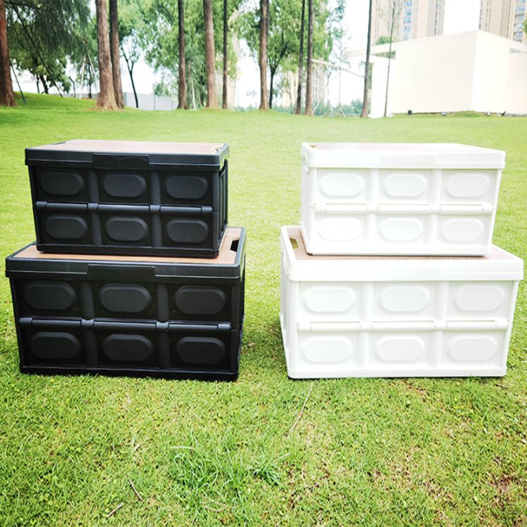 Custom logo outdoor foldable car plastic storage bins folding wooden lid kitchen camping storage box