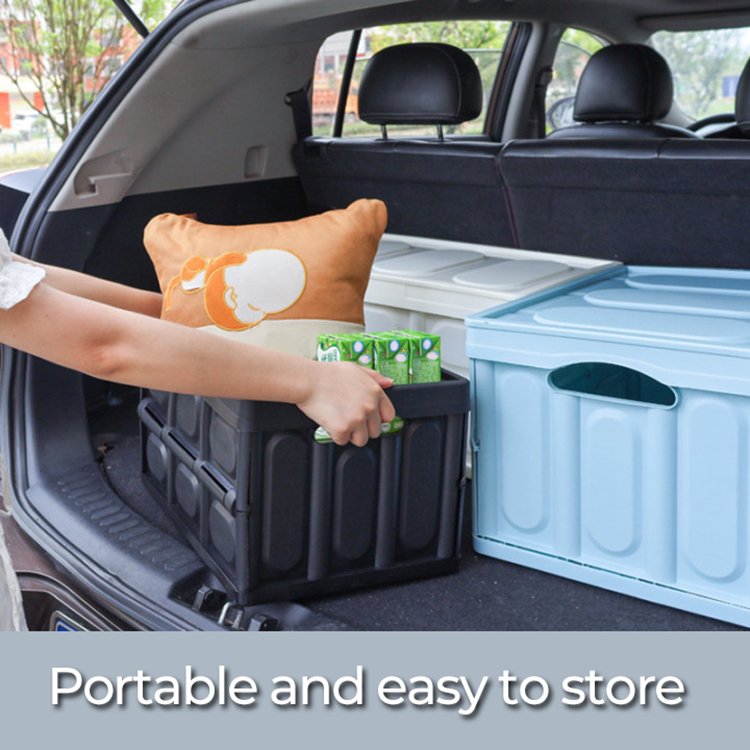 Custom logo outdoor foldable car plastic storage bins folding wooden lid kitchen camping storage box