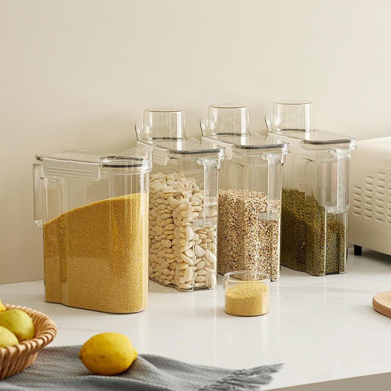 Hot sell Transparent PET Airtight Grain Jar Plastic Sealed Tank Rice Dry Food Cereal Storage Containers With Measuring Cup