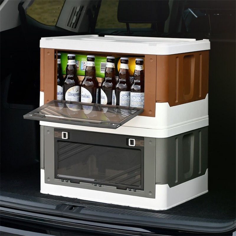 New Front Drop Side Door Open Adjustable Handle Portable Camping Organizer Folding Storage Box with Wheels Foldable Plastic