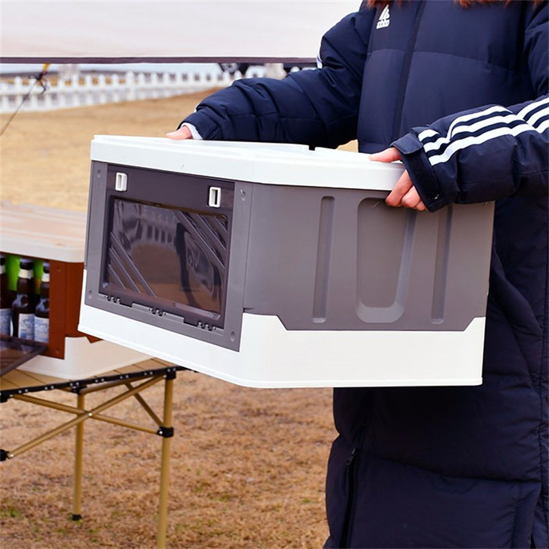 New Front Drop Side Door Open Adjustable Handle Portable Camping Organizer Folding Storage Box with Wheels Foldable Plastic