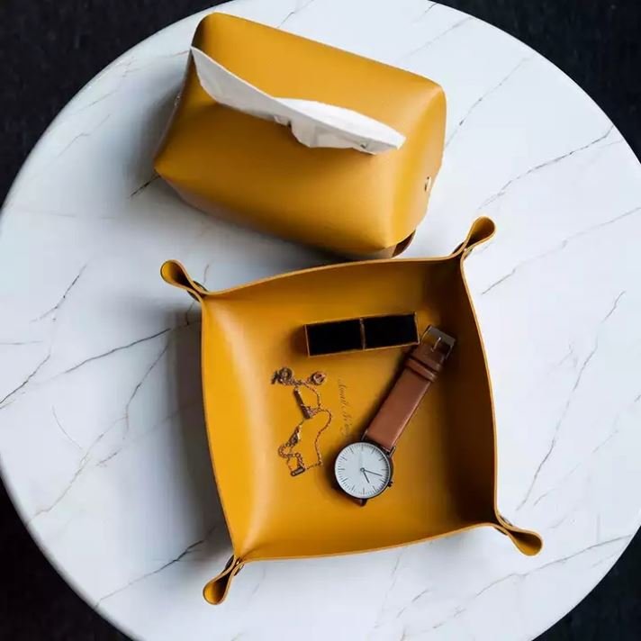 Desktop Storage Tray Leather Key Plate Home Decoration Dice Tray key Wallet Coins PU leather folding Storage Box Wholesale