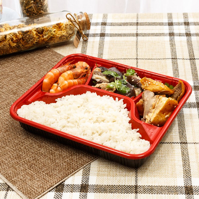 Disposable 1L GX33001 Plastic Lunch Boxes 3 Compartment Microwavable Food Storage Takeaway Rectangular Container Food Grade