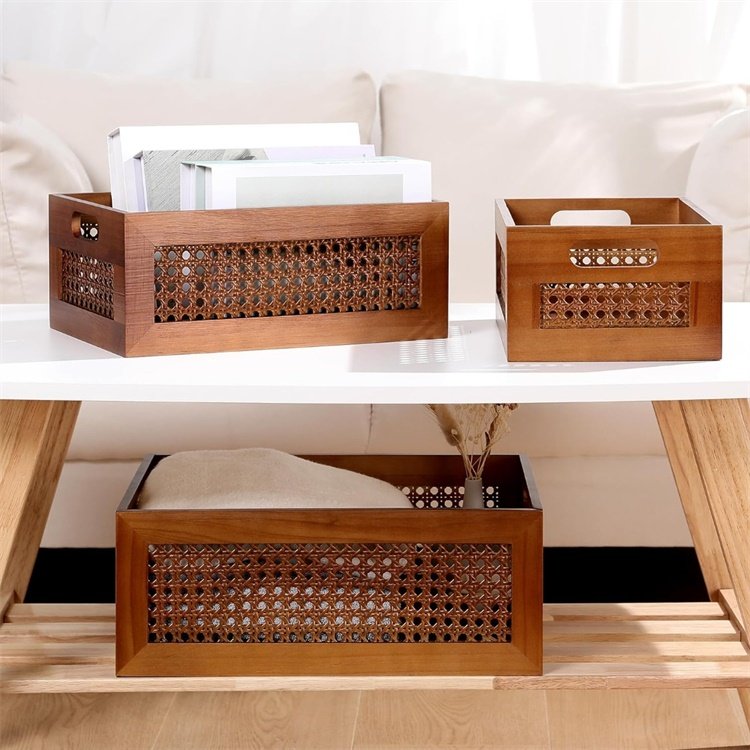 Handmade Rattan Drawer Storage Box with Frame and Handles Decorative Natural wooden Bins Home Office Tabletop Shelf Organizer