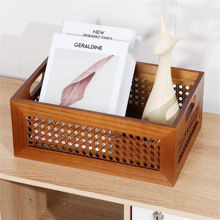 Handmade Rattan Drawer Storage Box with Frame and Handles Decorative Natural wooden Bins Home Office Tabletop Shelf Organizer