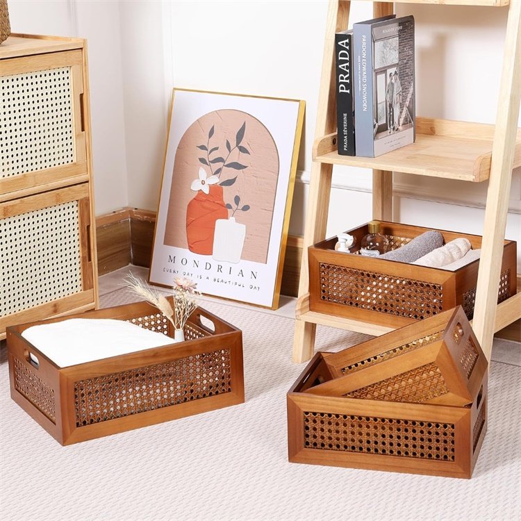 Handmade Rattan Drawer Storage Box with Frame and Handles Decorative Natural wooden Bins Home Office Tabletop Shelf Organizer