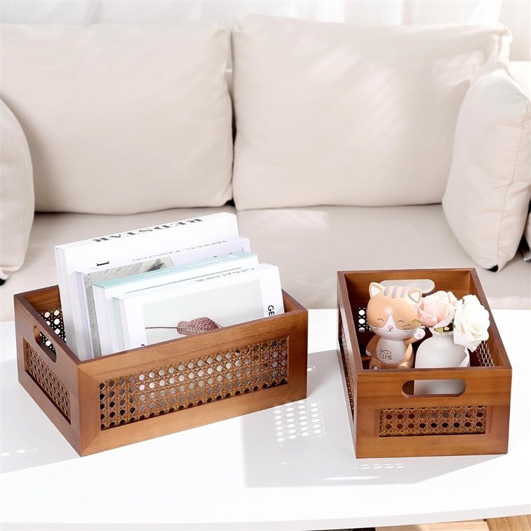 Handmade Rattan Drawer Storage Box with Frame and Handles Decorative Natural wooden Bins Home Office Tabletop Shelf Organizer