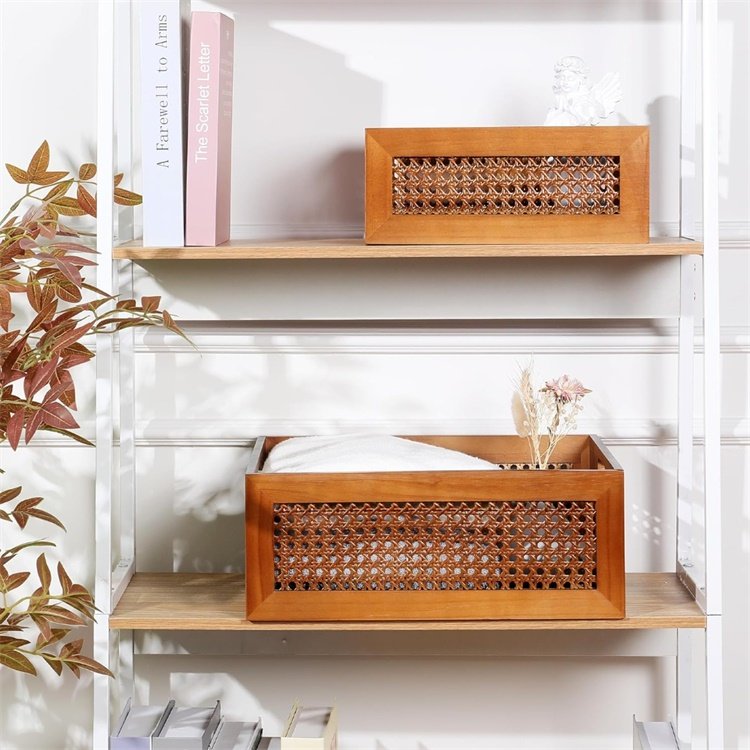 Handmade Rattan Drawer Storage Box with Frame and Handles Decorative Natural wooden Bins Home Office Tabletop Shelf Organizer