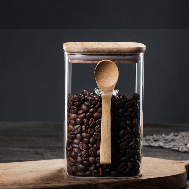 Square Glass Jar Food Storage Container with Bamboo Lid and Wooden Spoon
