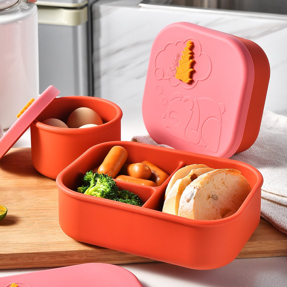Three Compartments Food Grade Silicone Lunch Box Portable Food Storage Kids Bento Lunch Box