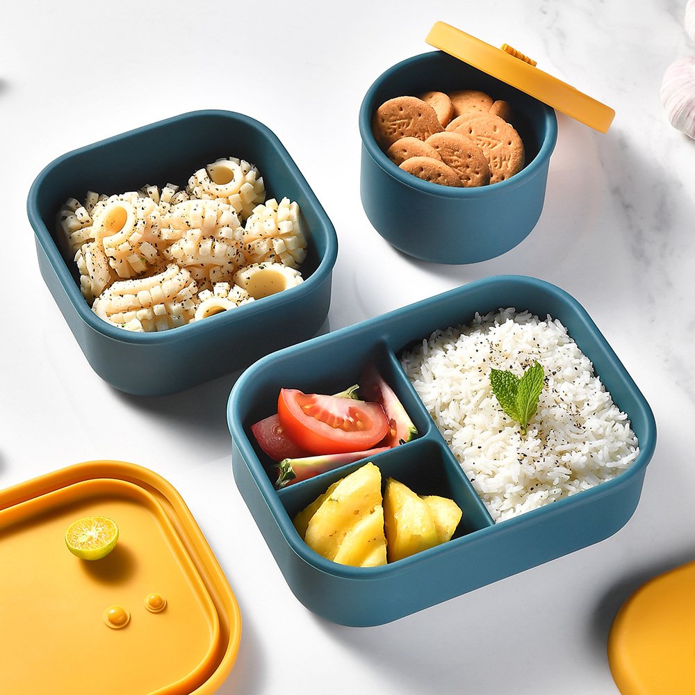 Three Compartments Food Grade Silicone Lunch Box Portable Food Storage Kids Bento Lunch Box