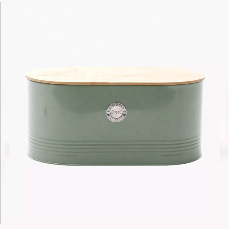 Food-grade White Oval Kitchen Countertop Metal Bread Box Bread Bin Bread Storage Container With Bamboo Cutting Board Lid