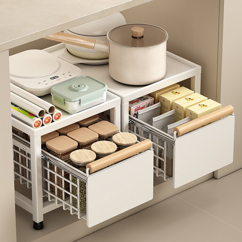 2 Tier Kitchen Cabinet Pull out Storage Rack Under Kitchen Sink Organizer with Sliding Drawer