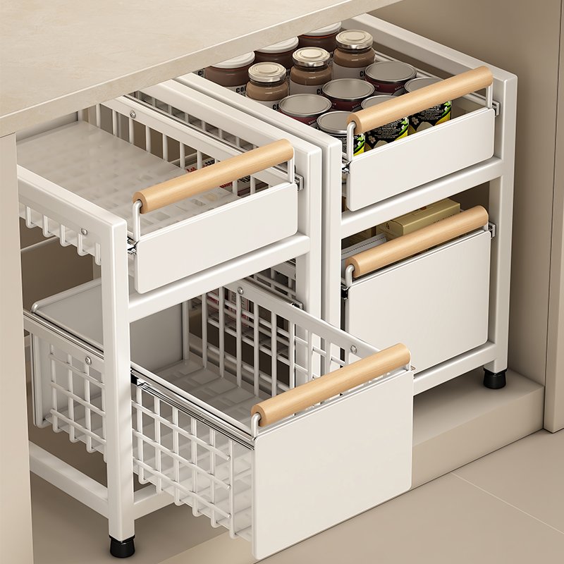 2 Tier Kitchen Cabinet Pull out Storage Rack Under Kitchen Sink Organizer with Sliding Drawer