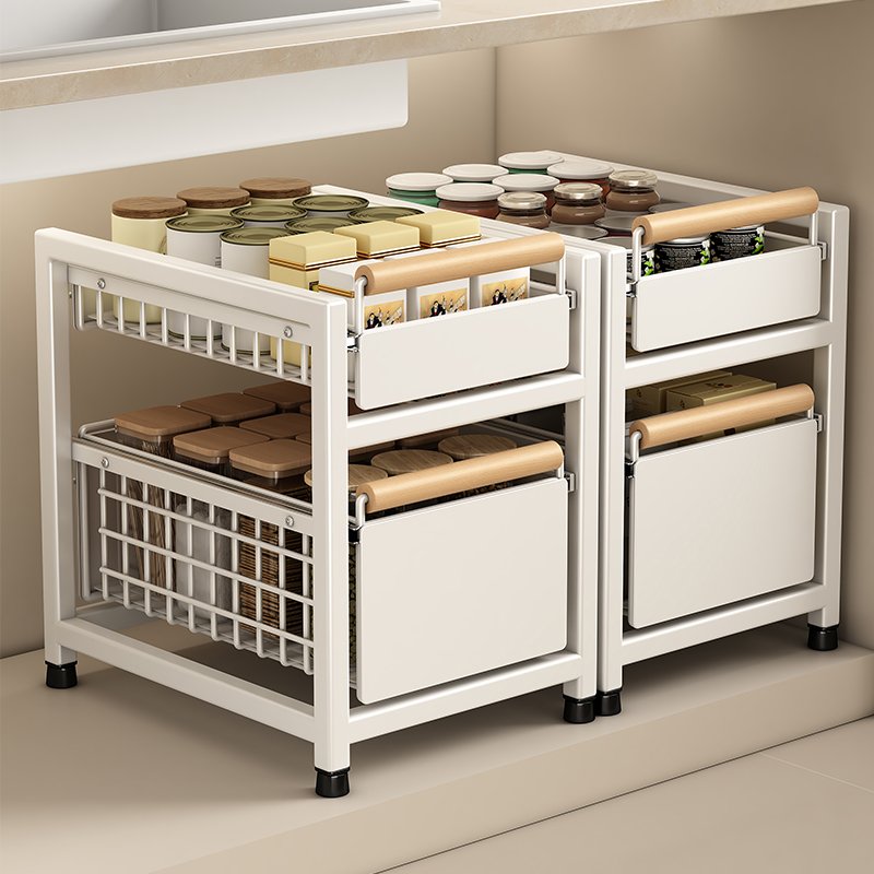 2 Tier Kitchen Cabinet Pull out Storage Rack Under Kitchen Sink Organizer with Sliding Drawer