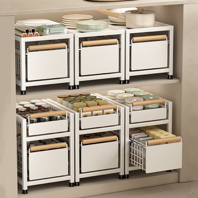2 Tier Kitchen Cabinet Pull out Storage Rack Under Kitchen Sink Organizer with Sliding Drawer