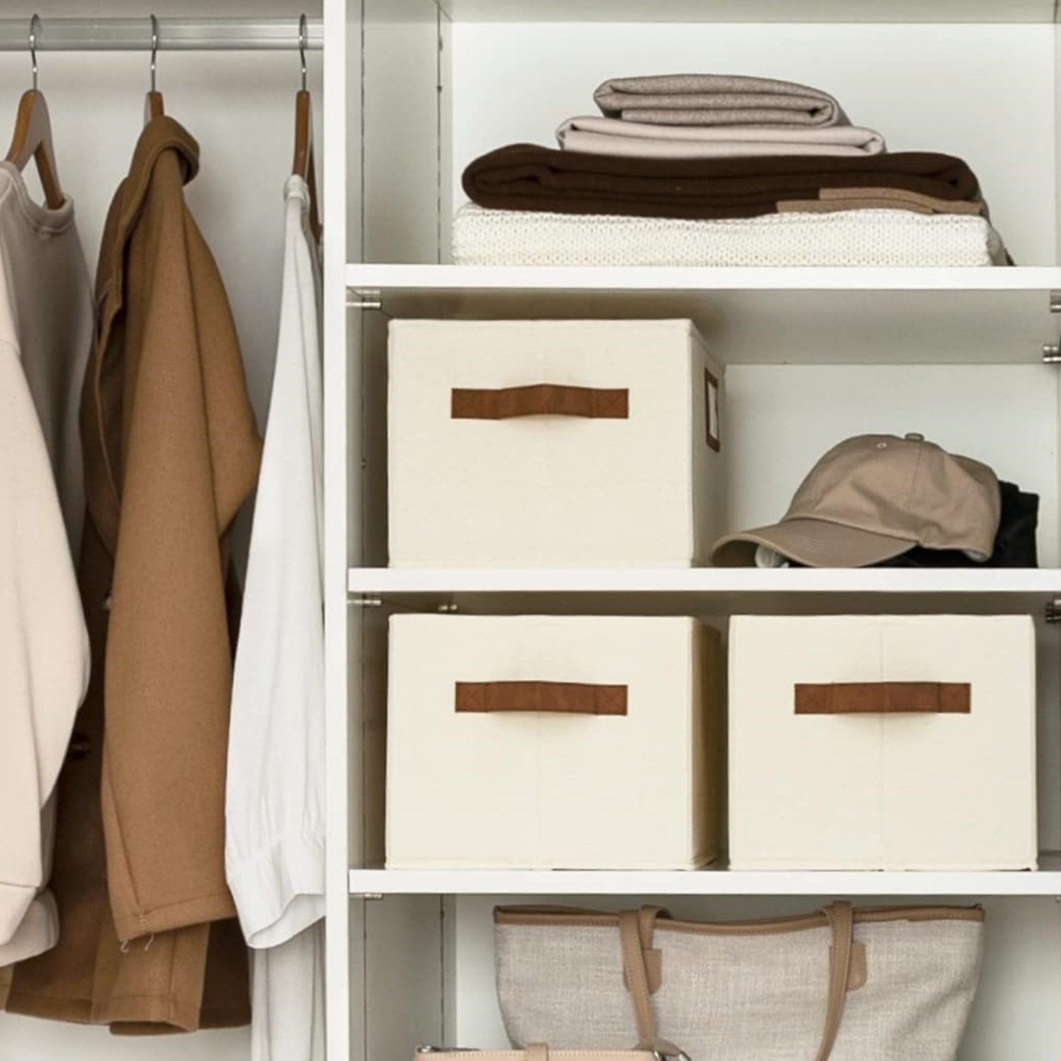 Decorative Storage Bins Closet, Storage Baskets with Lids Strong PU Handles, Hand Wash, Canvas