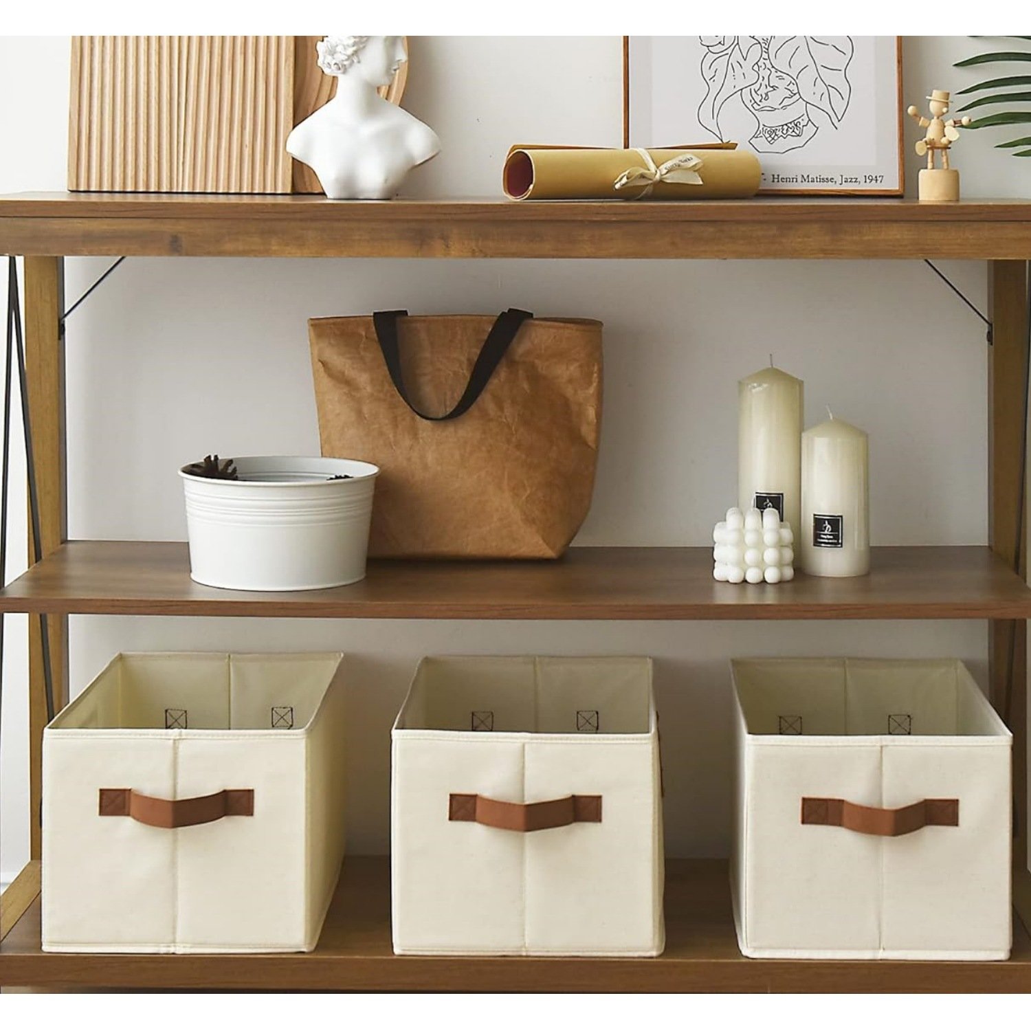 Decorative Storage Bins Closet, Storage Baskets with Lids Strong PU Handles, Hand Wash, Canvas