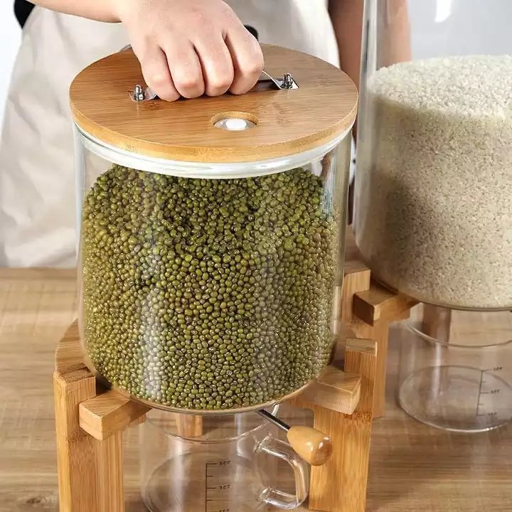 5L Premium Rice Storage Container Bamboo Stand-Glass Measuring Cup Glass Food Storage Box Rice Dispenser with Airtight Lid