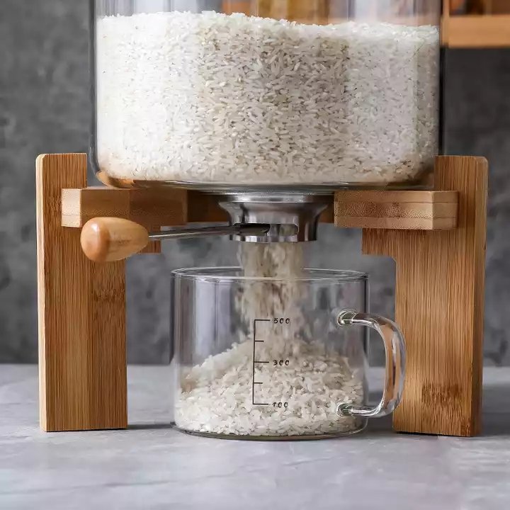5L Premium Rice Storage Container Bamboo Stand-Glass Measuring Cup Glass Food Storage Box Rice Dispenser with Airtight Lid