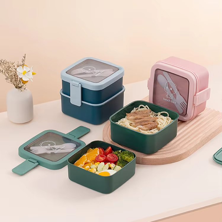 Hot Sale Microwave square Lunch Box Portable 2 Layer Food Container Healthy adult children Lunch Bento Boxes with Cutlery