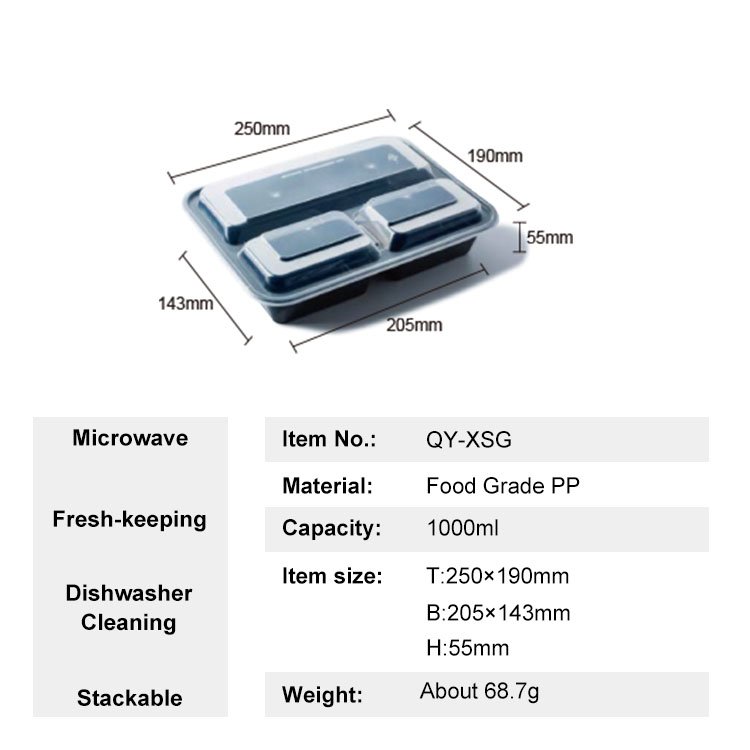 BPA Free Meal Prep Disposable Black PP Plastic Food Storage Compartment Container Box With Lids For Food