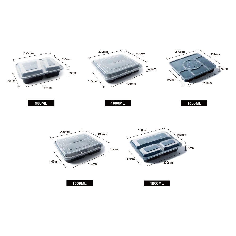 BPA Free Meal Prep Disposable Black PP Plastic Food Storage Compartment Container Box With Lids For Food