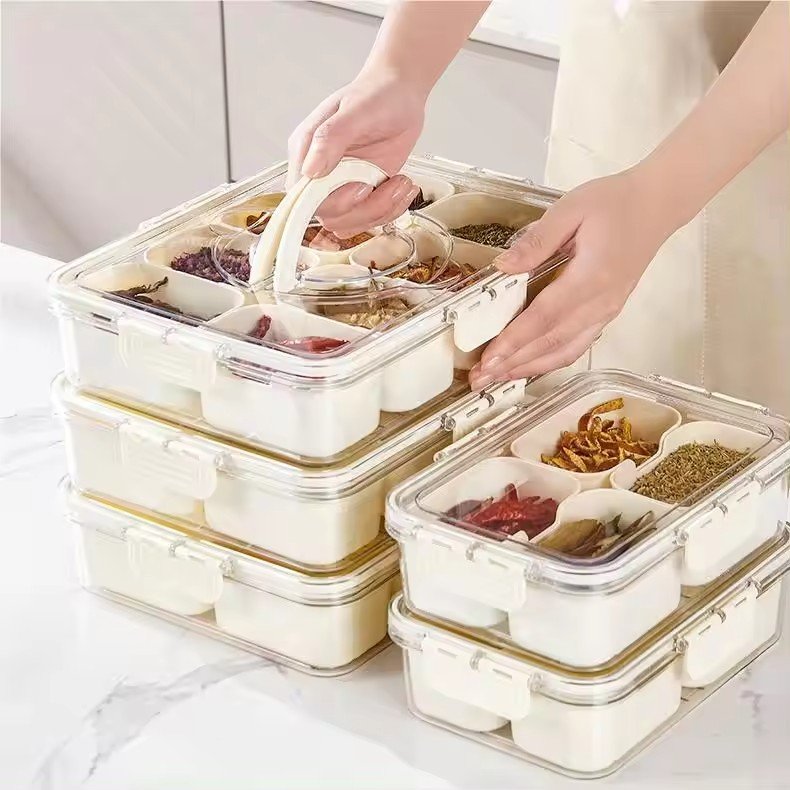 Portable Stackable Plastic 8 Grid Clear Snack Box Container Snackle Storage Box Divided Serving Tray with Lid and Handle