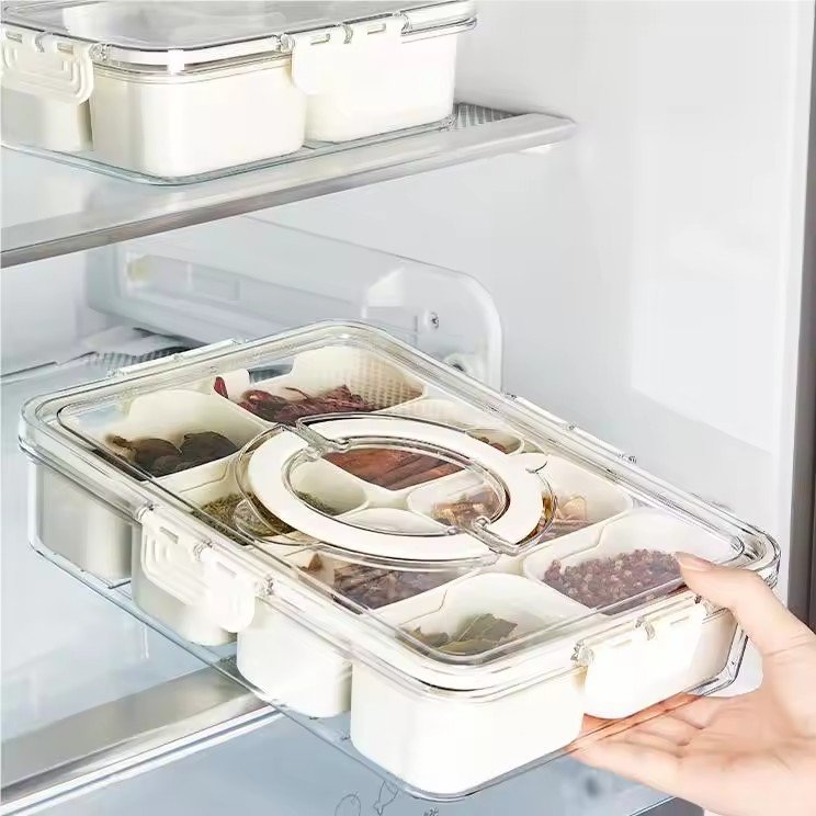 Portable Stackable Plastic 8 Grid Clear Snack Box Container Snackle Storage Box Divided Serving Tray with Lid and Handle
