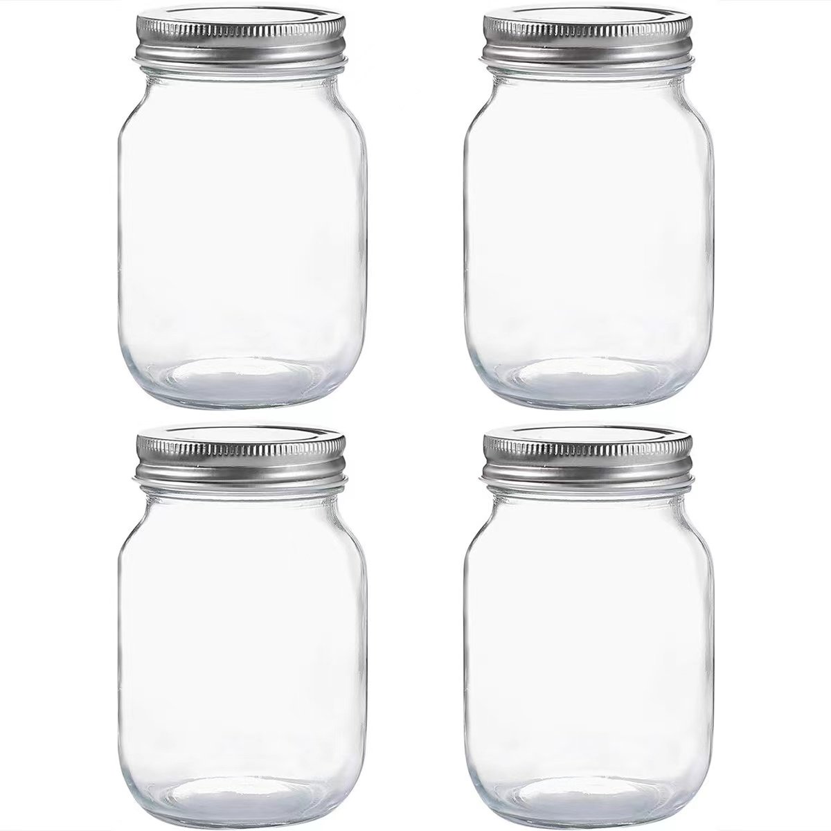 YOLOWE HOME 4pcs 16oz Glass Jar Silver Metal Lid Clear Sealed Food Storage Pickle Oatmeal Canning Jar-for Condiments Container