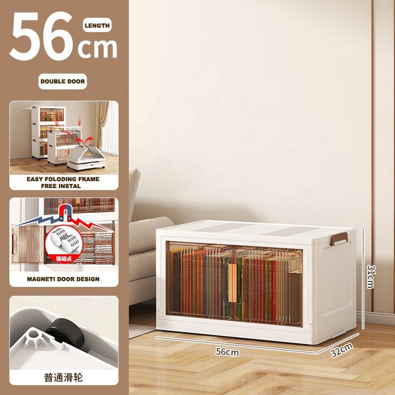 56 CM Plastic Storage Box with Lid Collapsible Storage Bins with Double Door Stacking Cabinet With Wheels Foldable Storage Box