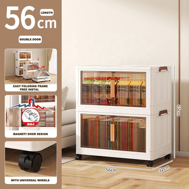 56 CM Plastic Storage Box with Lid Collapsible Storage Bins with Double Door Stacking Cabinet With Wheels Foldable Storage Box