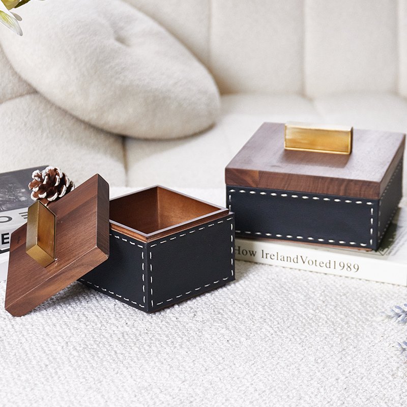 High End Luxury Creative Wooden Leather storage box rectangle storage box with gold lid for home decor
