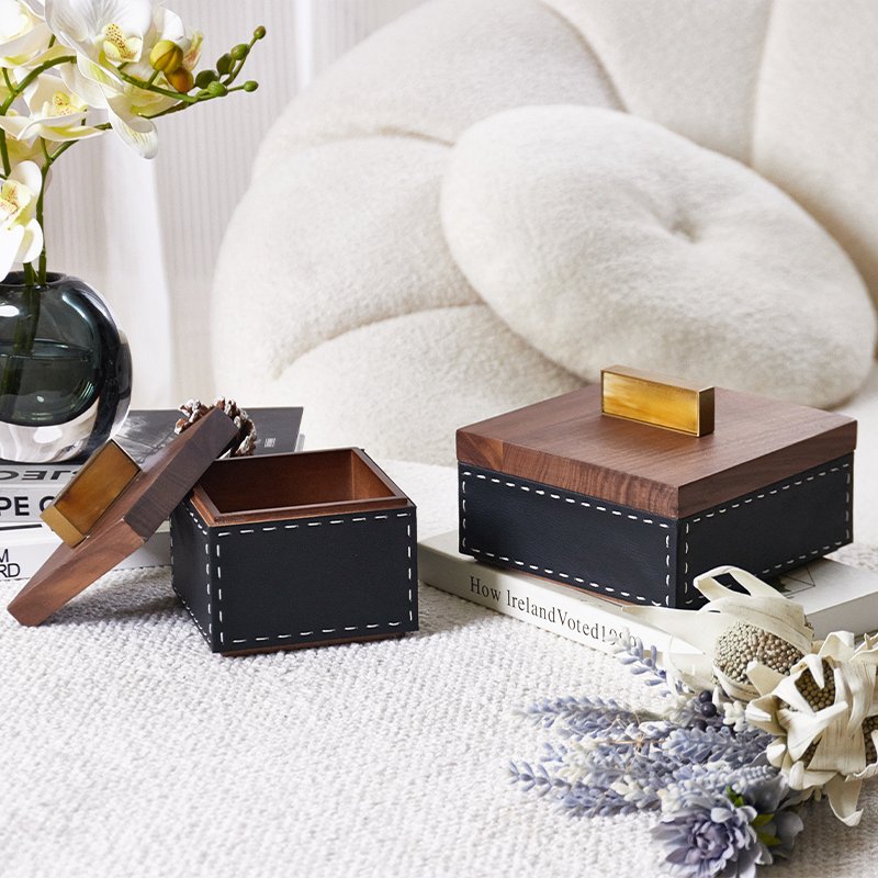 High End Luxury Creative Wooden Leather storage box rectangle storage box with gold lid for home decor