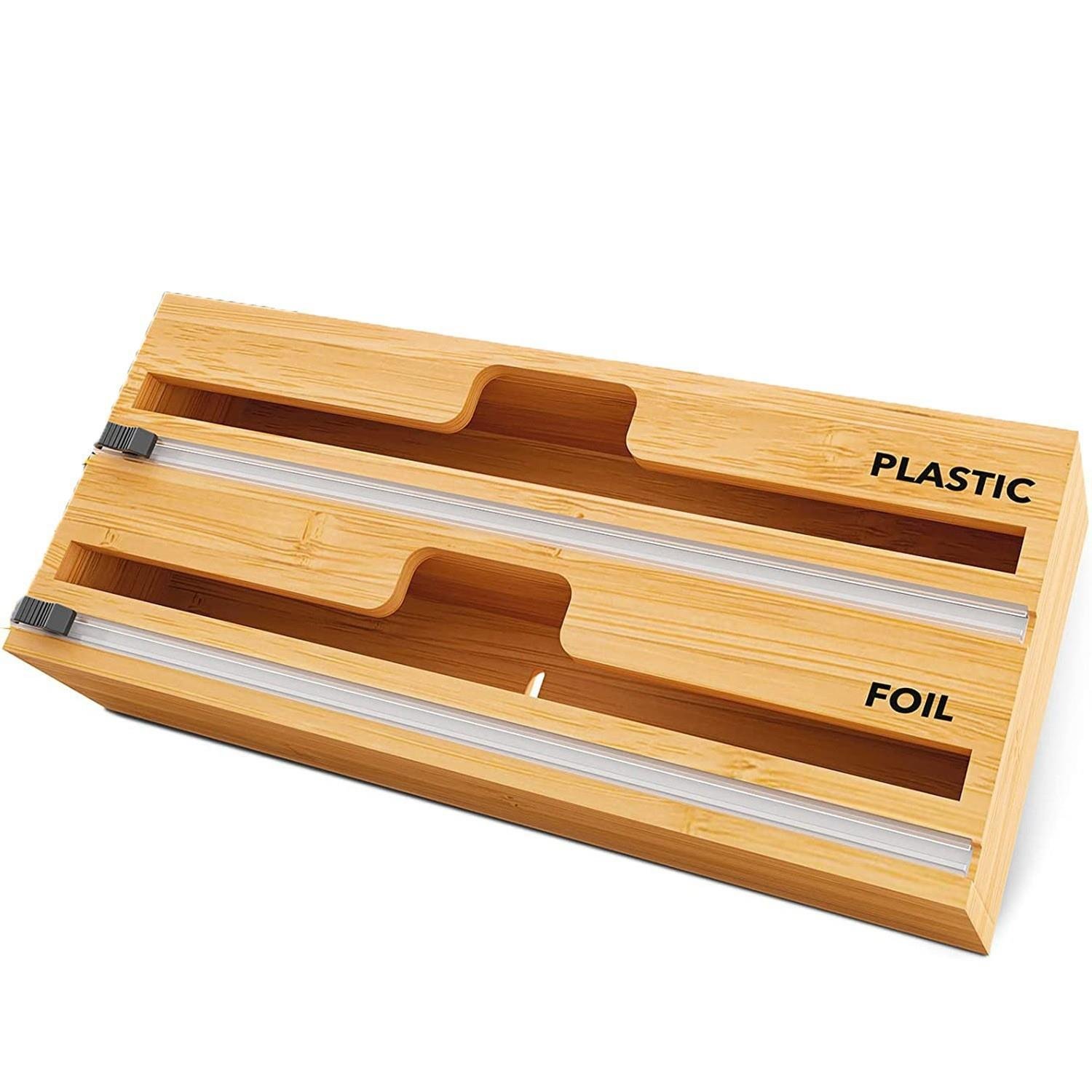 Bamboo Cling Film Dispenser 3 in 1 Cutter Food Packaging Dispenser Storage Box For Dispensing Packaging Shrink Foil