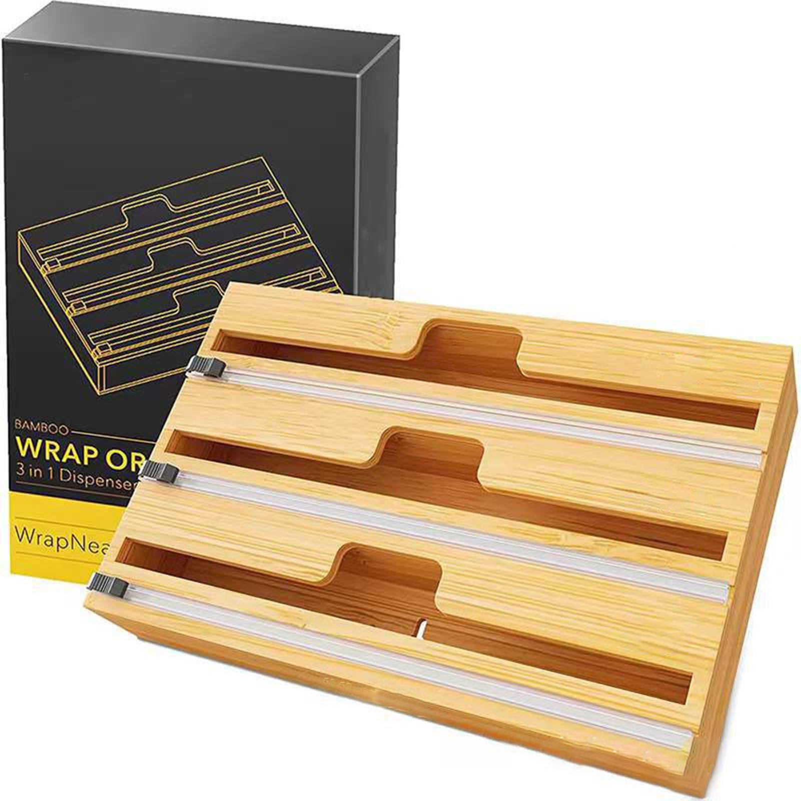 Bamboo Cling Film Dispenser 3 in 1 Cutter Food Packaging Dispenser Storage Box For Dispensing Packaging Shrink Foil