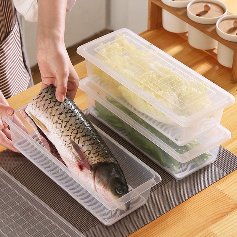 With Drainage mat Food storage container With cover Refrigerator food fruit vegetable Meat, fish preservation storage box