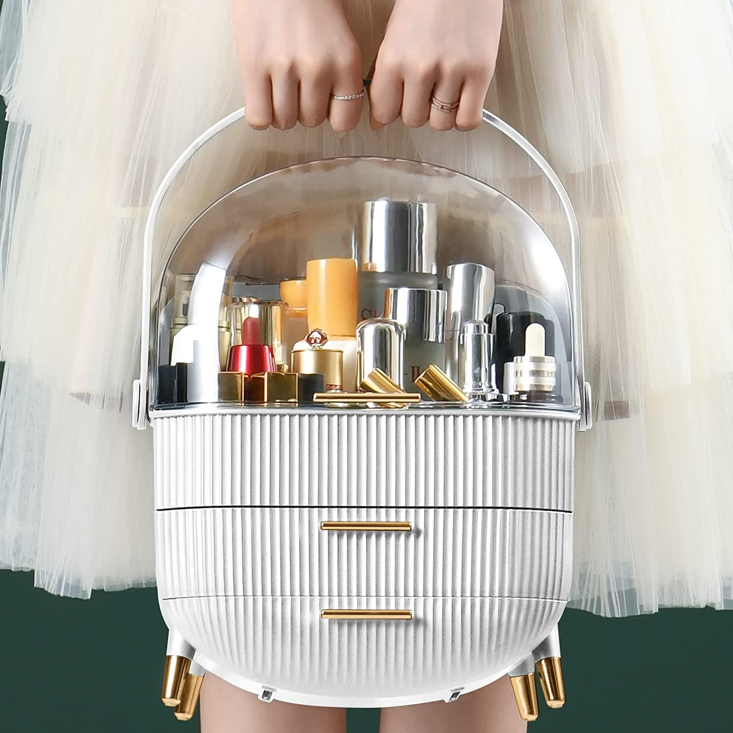 Cosmetics Makeup Storage Box Skincare Organizers with Lid and Drawers White Vanity Organizer