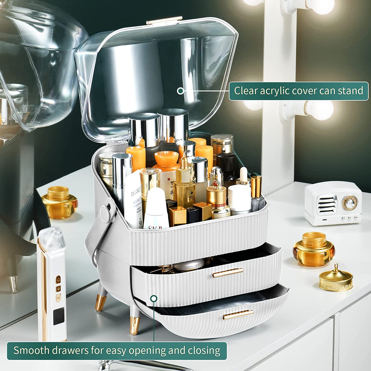 Cosmetics Makeup Storage Box Skincare Organizers with Lid and Drawers White Vanity Organizer