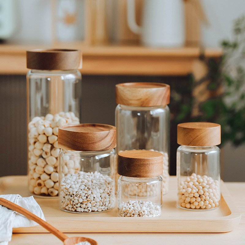 Round Airtight Coffee Tea Spice Glass Jar Kitchen Storage Bottles Sealed Glass Food Storage Jars with wood Lid