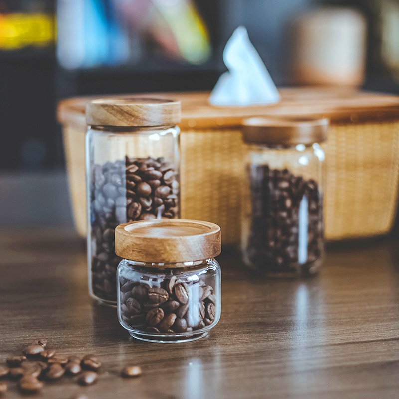 Round Airtight Coffee Tea Spice Glass Jar Kitchen Storage Bottles Sealed Glass Food Storage Jars with wood Lid
