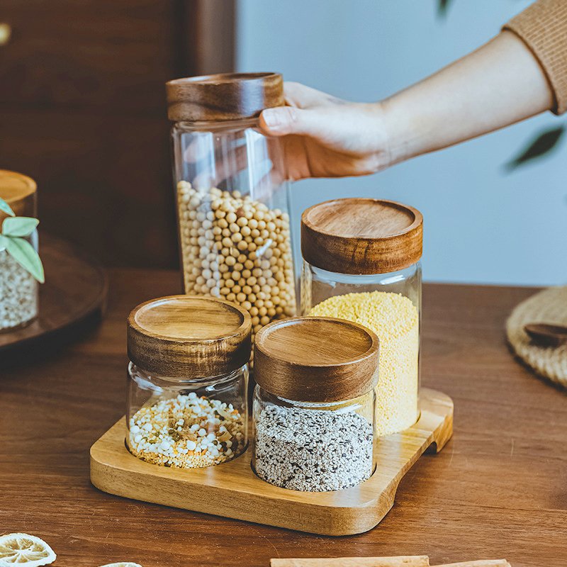 Round Airtight Coffee Tea Spice Glass Jar Kitchen Storage Bottles Sealed Glass Food Storage Jars with wood Lid