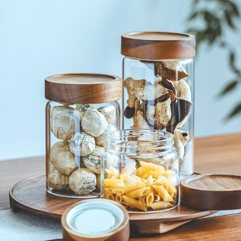 Round Airtight Coffee Tea Spice Glass Jar Kitchen Storage Bottles Sealed Glass Food Storage Jars with wood Lid