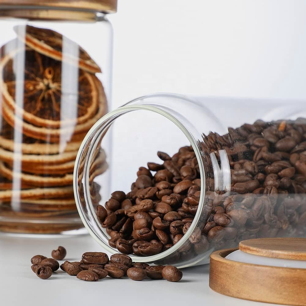 Heat Resistant Borosilicate Screw Top Childproof Glass Food Storage Jar With Acacia Wood Lid