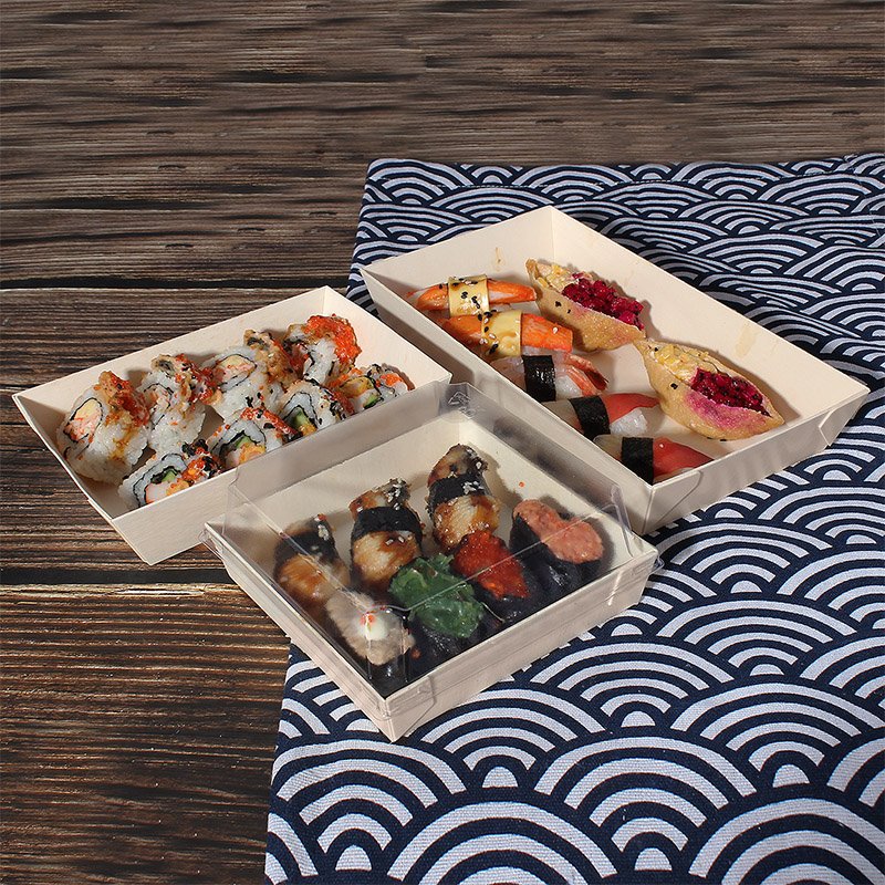 Biodegradable Customized Disposable Take Out Food Box To Go Packaging Box Wooden Bento Lunch Sushi Tray Box