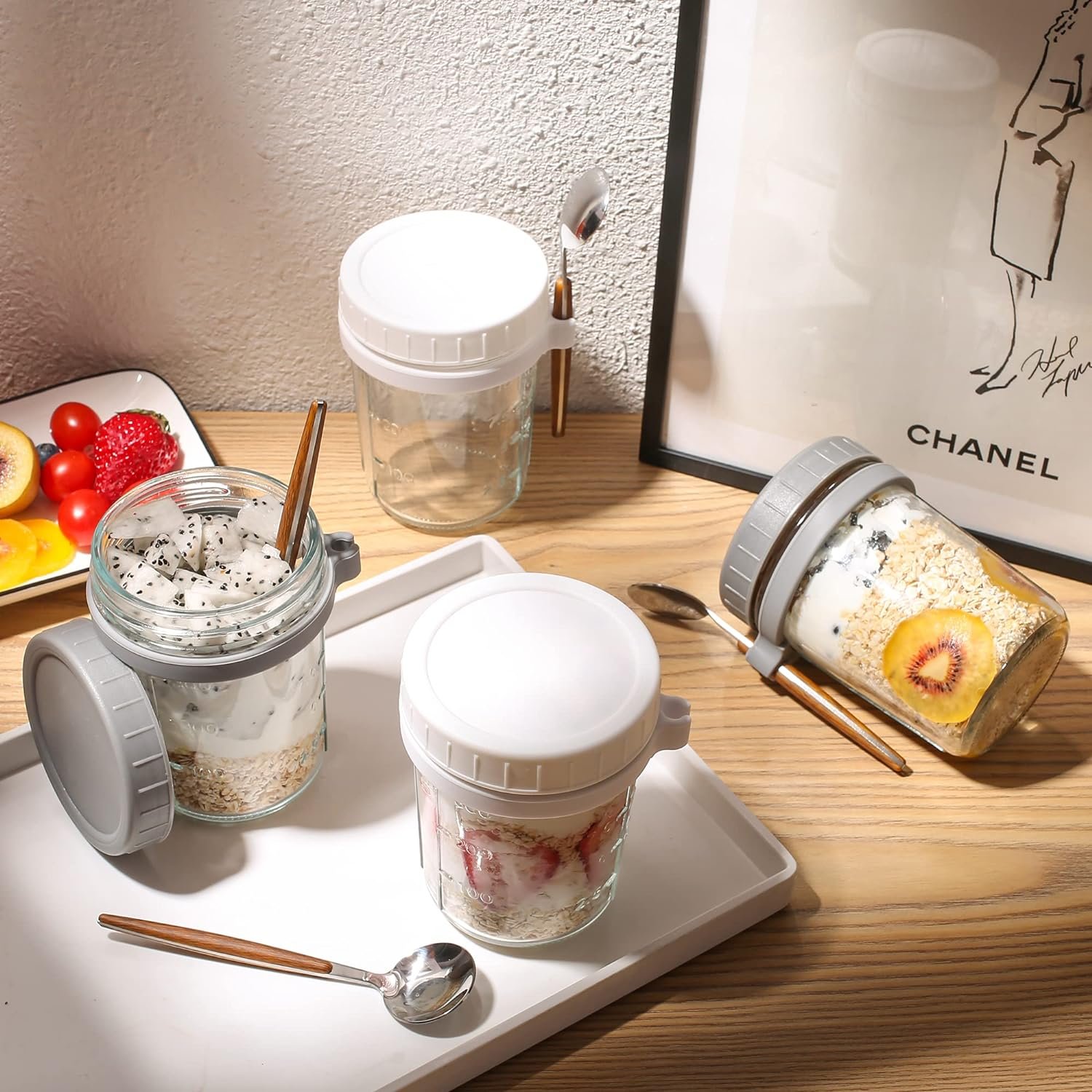 Wholesale 4-piece grey white 350ml food storage jar with spoon and lid suitable for gift-giving Christmas gifts Mason jar