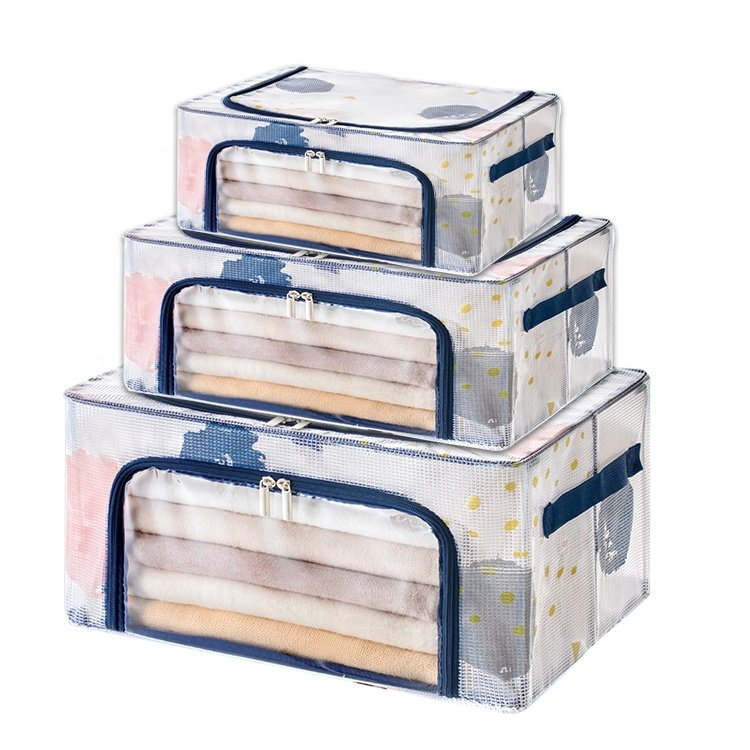 PVC Cloth Storage Box Bin Waterproof Large Foldable Double Zipper Durable Fabric Transparent Clothes Storage Box