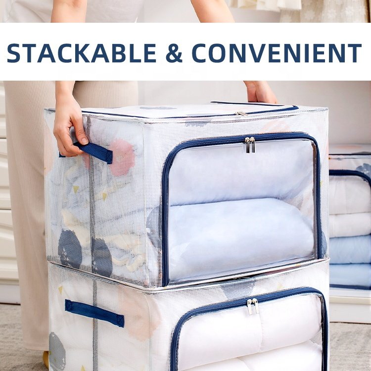 PVC Cloth Storage Box Bin Waterproof Large Foldable Double Zipper Durable Fabric Transparent Clothes Storage Box