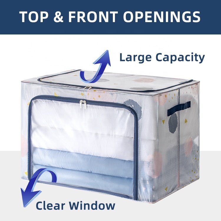 PVC Cloth Storage Box Bin Waterproof Large Foldable Double Zipper Durable Fabric Transparent Clothes Storage Box