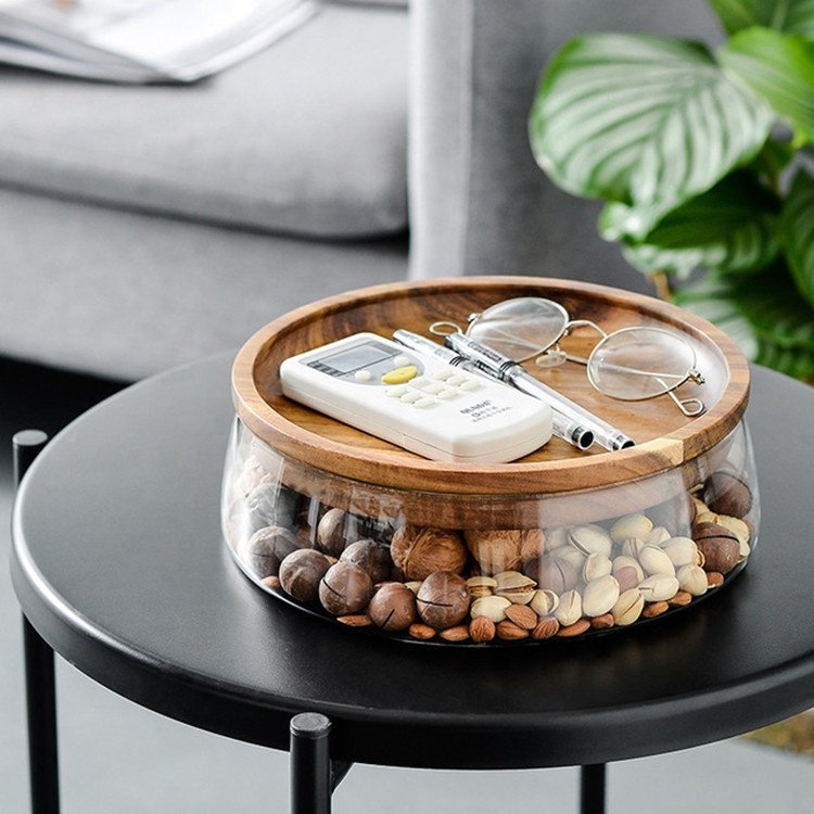 Glass Candy Nuts Serving Container Wooden Lid Fresh Food Storage Platter Snack Tray Bread Plate Salad Fruit Vegetable Tray Dry